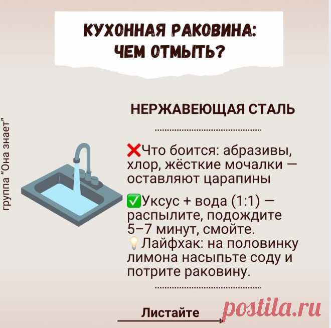 🧽 Чем отмыть раковину на кухне — чтобы блестела!
Рассказываю — по материалам, с пропорциями, лайфхаками!
1. Нержавеющая сталь
Что боится: абразивы, хлор, жёсткие мочалки — оставляют царапины и радужные разводы. Кислородный очиститель? Нет — может оставить белёсый налёт на полированной поверхности.
Используем:
Уксус + вода (1:1) — нанесите на губку или распылите, подождите 5–7 минут, смойте. Отлично убирает известковый налёт и жир.
Лимонная кислота — 1 ч. л. на 1...