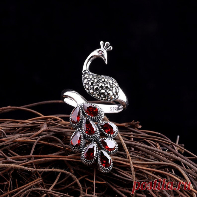 Natural Red Garnet Ring / 925 Sterling Silver Peacock Open | Etsy