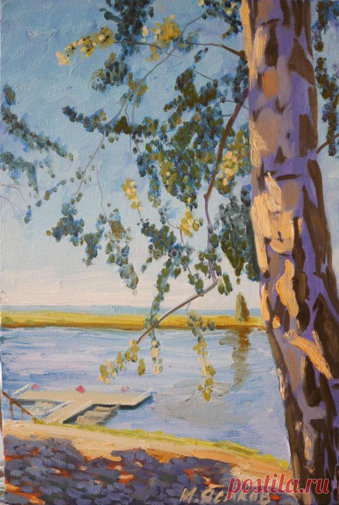 Лето - Официальный сайт художника Игоря Ясакова Лето. Солнечный день. Старица реки. Лодочный причал. Берёзка. Едва заметное дуновение тёплого воздуха. Холст/масло 30х20 см.