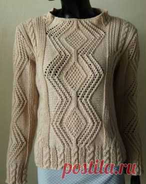 Aran Style Pullover Free Knitting Pattern. Materials: Crystal Palace Crème 9 balls for size shown, 60/40 wool/combed silk, shown here in #2007 