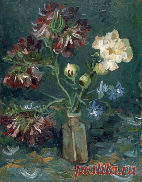 Vincent Van Gogh Small bottle with peonies and blue delphiniums