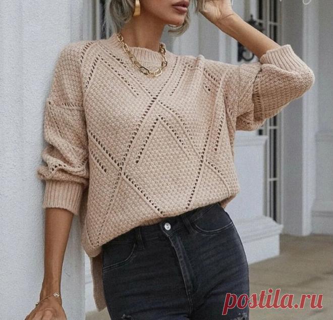 Оригинальный джемпер в ажурные ромбы. Спицами. Схема узора. / knittingideas.ru