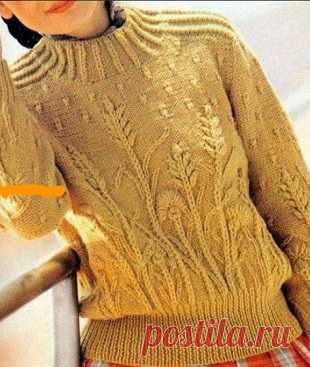 Пуловер с растительными мотивами спицами