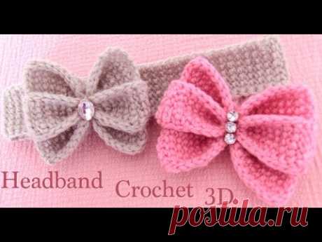 Diadema tejida a Crochet moño mariposa 3D en punto tunecino tejido tallermanualperu