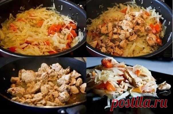 Тушеная капуста с томатами и с курицей