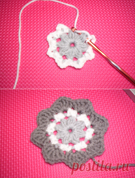 Подробный мастер-класс:  1. Связать цепочку из ВП, замкнуть в кольцо, *обвязать по 3 ССН и закрыть их одной петлей, 2 ВП*, **повторять до конца ряда. 2. Белой ниткой вязать СБН, пико из 3ВП, СБН. 3. Коричневой ниткой из каждого пико вязать по *2 ССН, СС2Н, пико из 3 ВП, СС2Н, 2ССН.* Повторять** до конца ряда.  |   ИЗУМИТЕЛЬНЫЙ ВИТРАЖНЫЙ МОТИВ НА «АФГАНСКИХ» КВАДРАТАХ.