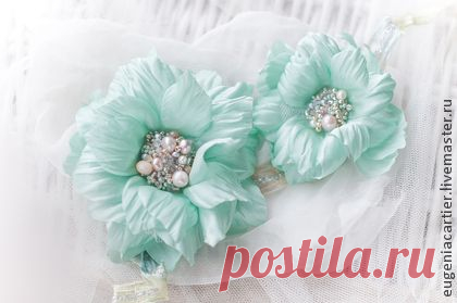 Шёлковый комплект брошь и заколка "Флор" - мятный,нежность,воздушность