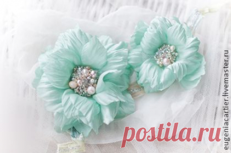 Шёлковый комплект брошь и заколка &quot;Флор&quot; - мятный,нежность,воздушность