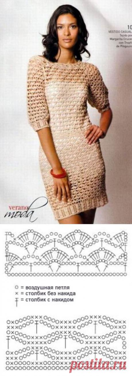 Нежное розовое платье с узором «ракушки», связанное крючком | Без Шаблонов