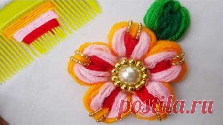 hand embroidery easy woolen flower trick with hair comb,amazing sewing hack,beads embroidery