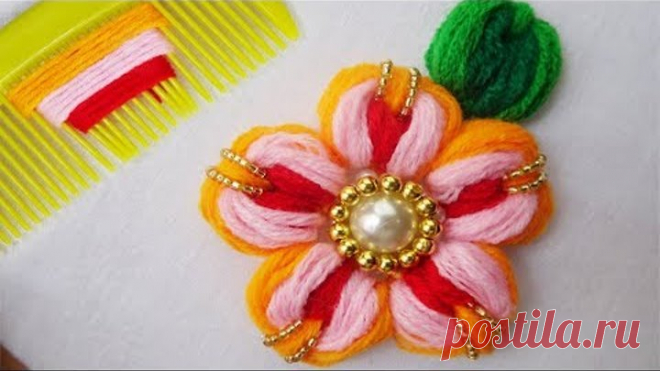 hand embroidery easy woolen flower trick with hair comb,amazing sewing hack,beads embroidery