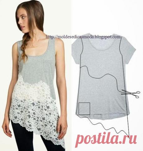 Идеи переделок футболок Идеи переделок футболокВарианты переделок могут быть разными.Например, нарезать спинку тонкими полосками.Или отрезать часть, заменив на кружево.Или же добавить шнуровку.В любом случае будет интересно и красиво.