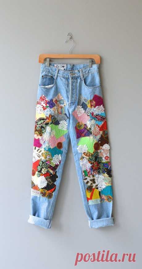 Happy Patchwork jeans • vintage 1980s denim • high waist 80s colorful jeans