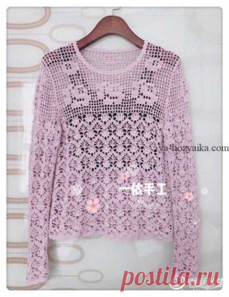 Кофточка крючком с длинным рукавом. Женская кофточка с филейной кокеткой 2019 Вязание крючком, кофточка, схема, филейная кокетка, 2019, женская, розовая, длинный рукав