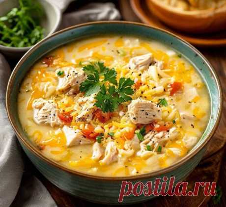Куриный суп с сыром 

Состав:

- Куриная грудка — 1-2 шт.
- Картофель — 2-3 шт.
- Морковь — 1/2 шт.
- Лук репчатый — 1 шт. 
- Сырок плавленный — 2 шт.
- Масло растительное — 1-2 ст.л.
- Соль, черный молотый перец, лавровый лист, зелень — по вкусу 

Рецепт:

1.Куриную грудку порежьте на кусочки среднего размера, затем выложите в кипящую подсоленную воду (600-700 мл), варите 10-15 минут.
2.Картофель нарежьте кубиками, добавьте к курице.
3.Морковь порежьте на кусочки среднего...