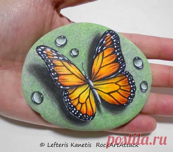 (53) Reserved for Shane. Stone Painting Monarch Butterfly with Dew Drops! Is Painted with Acrylic paints and finished with Glossy varnish