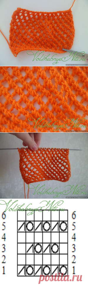 Ажурная сетка "Косая". Узор спицами со схемой и описанием.