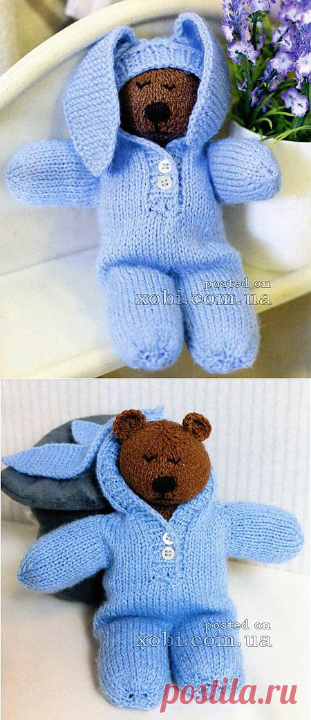 Вязаная игрушка медведь в заячьей шкурке.