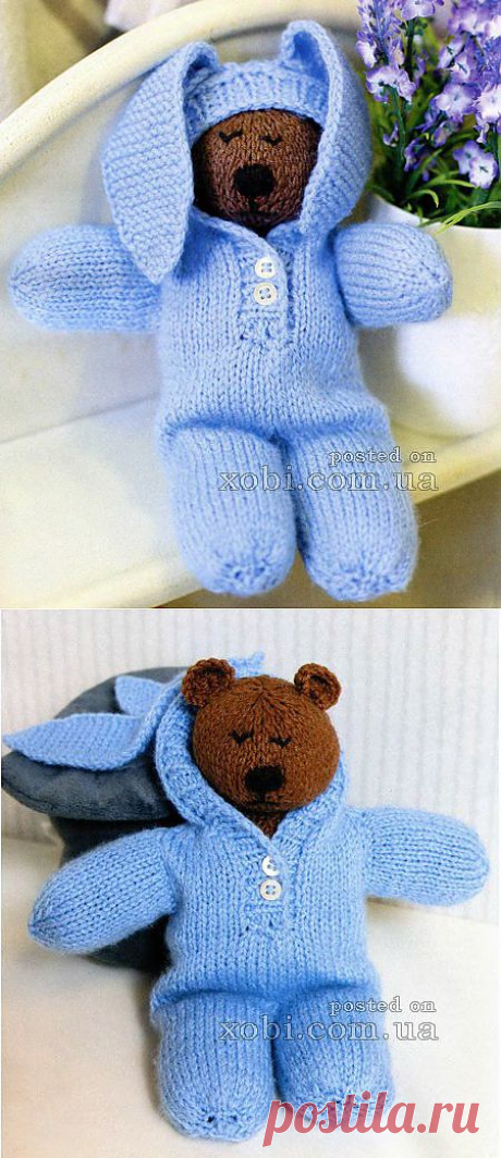 Вязаная игрушка медведь в заячьей шкурке.