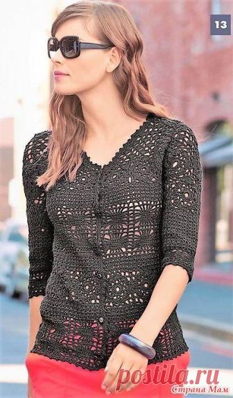 Ажурный жакет из квадратных мотивов и узора 
