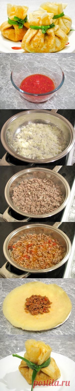 Фаршированные блинчики «Мешочки». (Рецепт по клику на картинку).