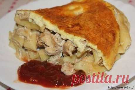 Запеканка из сухих макарон с курицей.