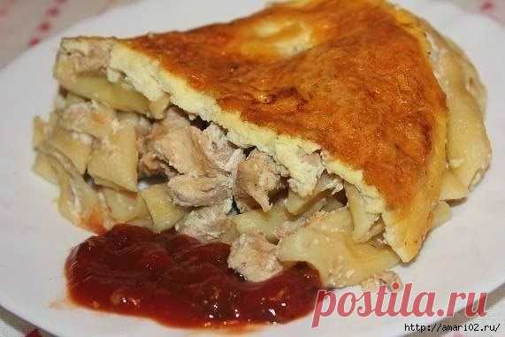 Запеканка из сухих макарон с курицей.