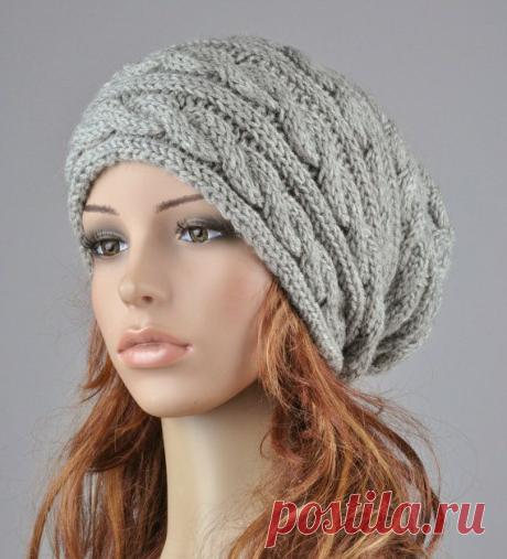 Hand knit hat Grey hat slouchy hat cable pattern hat от MaxMelody