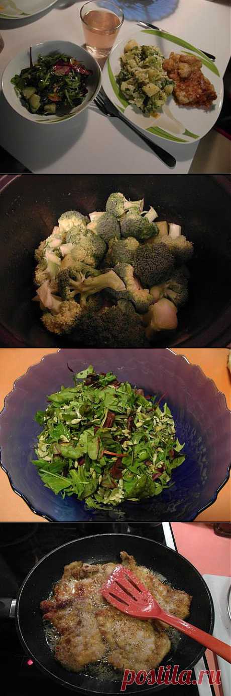 ужин за 50 минут: Шницель куриный, сотэ из картофеля и брокколи и салат-микс с черри и огурцом | 4vkusa.ru