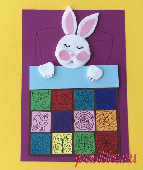 Аппликация для малышей из бумаги и ватных дисков "Одеяло для зайки"