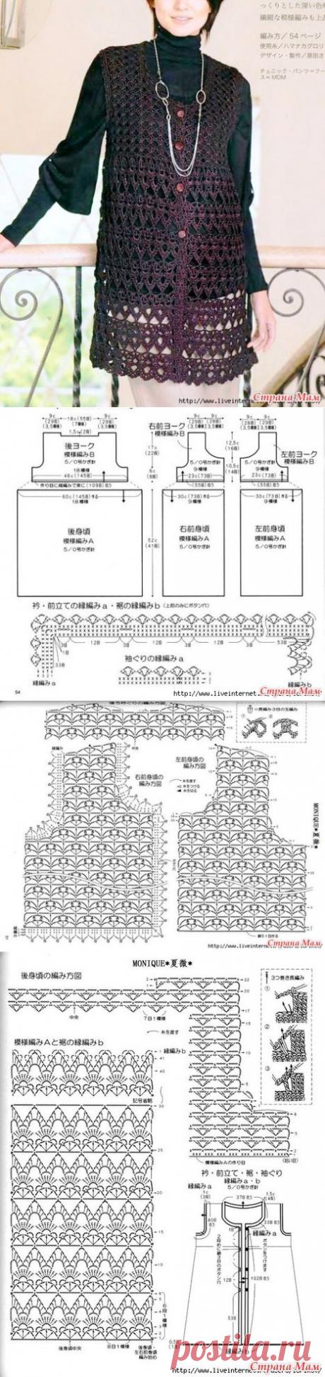 Удлиненный жилет двумя узорами. Крючок. - ВЯЗАНАЯ МОДА+ ДЛЯ НЕМОДЕЛЬНЫХ ДАМ - Страна Мам