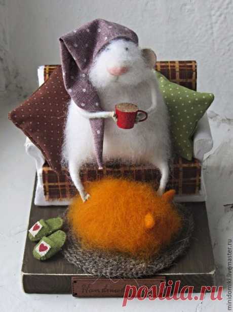 Купить Зимний вечер - комбинированный, мышонок из шерсти, кот, кот из шерсти, миниатюра, рыжий кот