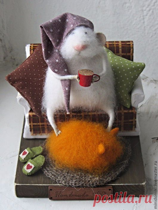 Купить Зимний вечер - комбинированный, мышонок из шерсти, кот, кот из шерсти, миниатюра, рыжий кот