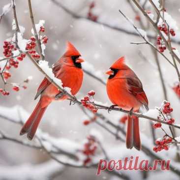two red birds sitting on top of a tree branch with berries in the foreground