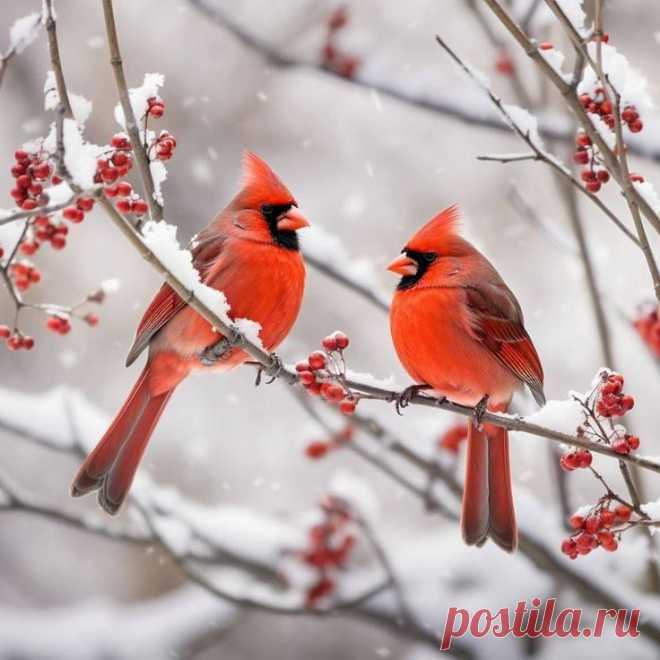 two red birds sitting on top of a tree branch with berries in the foreground