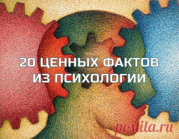 20 ЦЕННЫХ ФАКТОВ ИЗ ПСИХОЛОГИИ 

1. 66 дней необходимо человеку в среднем, чтобы сформировать привычку. 

2. С закрытыми глазами мы легче запоминаем информацию. 

3. Мозг и желудок человека тесно связаны. Поэтому некоторые эмоции очень сильно физически отражаются на желудке. Особенно тревоги. 

4. Любить образ человека и любить человека таким, какой он есть на самом деле, — совершенно разные вещи. 

5. Записывая свои мечты, мы формулируем их наиболее чётко. 

6. Из всех че...