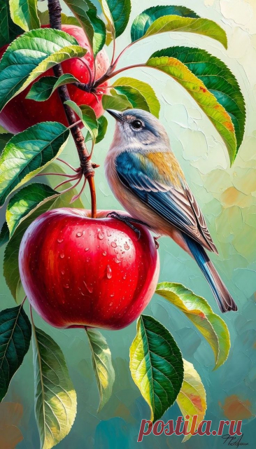 a painting of a bird sitting on top of an apple tree with raindrops