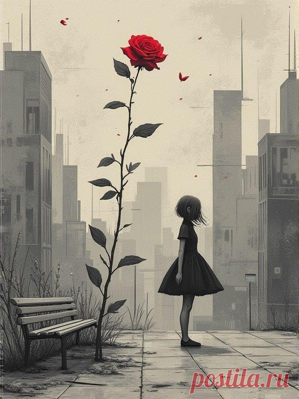 Город Серых Теней и Красная Роза Надежды. Изображение из нейросети Flux - Flux.1 примеры промтов - Форум ИИ о нейросетях - Yes Ai