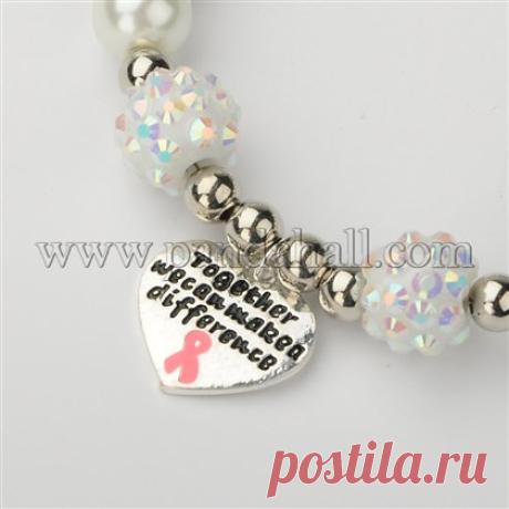 Wholesale Trendy Glass Pearl Beaded Bracelets for Breast Cancer Awareness, with Alloy Enamel Pink Ribbon Pendants and Brass Rhinestone Beads, Platinum, 205mm - Pandahall.com