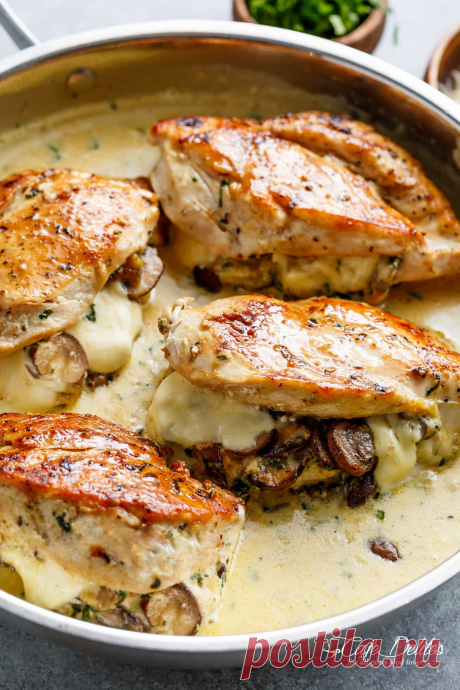 Cheesy Garlic Butter Mushroom Stuffed Chicken - Cafe Delites Cheesy Garlic Butter Mushroom Stuffed Chicken WITH an optional Creamy Garlic Parmesan Sauce! Garlic Mushroom lovers this is THE recipe of your dreams!