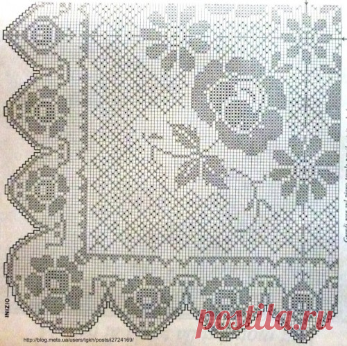 Блог "tgkh". Вязаная крючком квадратная скатерть РОЗЫ И РОМАШКИ НА ЦВЕТОЧНОЙ РЕШЕТКЕ (тонированое филейное вязание), Блог пользователя tgkh