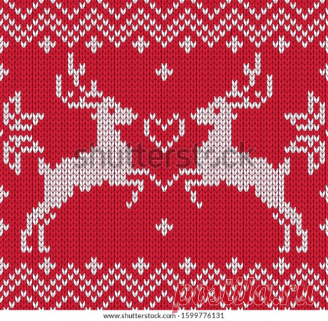 Red Knitted Seamless Pattern Reindeer Snowflakes: стоковая векторная графика (без лицензионных платежей), 1599776131