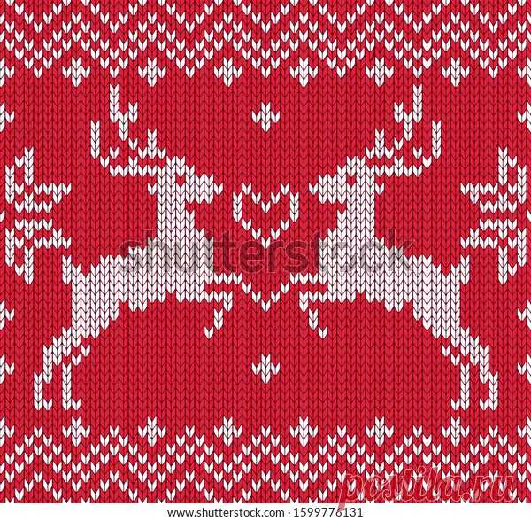 Red Knitted Seamless Pattern Reindeer Snowflakes: стоковая векторная графика (без лицензионных платежей), 1599776131