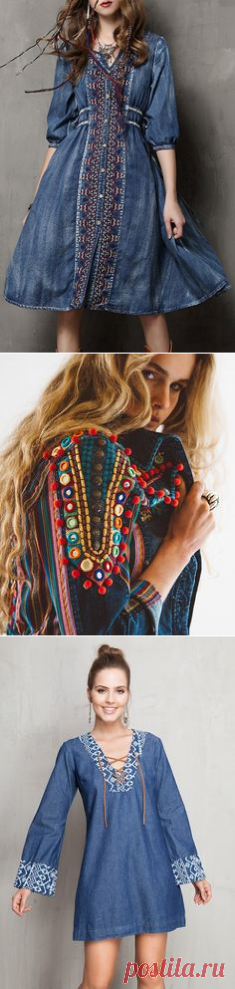 (168) Embroidered Single-Breasted Midi Denim Dress | lindo \o/
