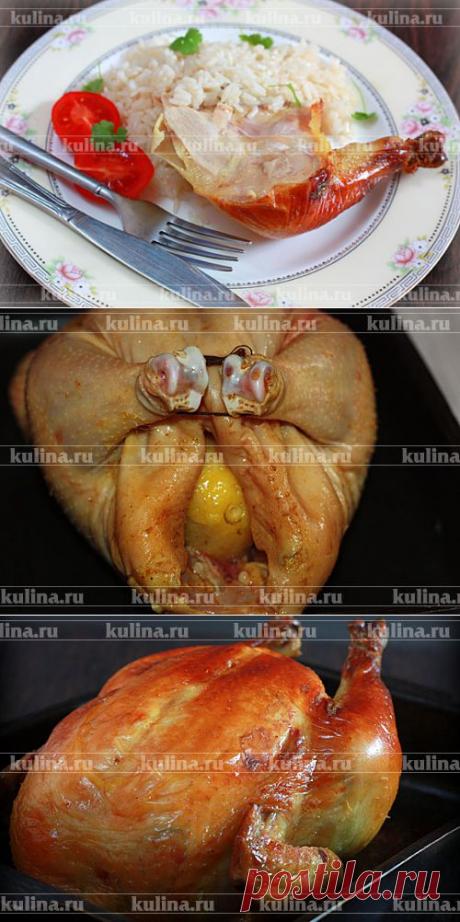 КУРИЦА  В СМЕТАНЕ  + фотоМК.  Вкусный рецепт ! 
 **Курица 1.5 кг - натереть  смесью:  соль 3 ч/л +  
кардамон, паприка, карри  по 1/3 ч/л. 
*Затянуть курицу пищевой пленкой, убрать в холод на 4 часа. Переложить курицу на противень, внутрь тушки положить половину лимона.
*Смазать сметаной 100 г.  Запекать 15 мин при 220`С, затем снизить до 160,  и печь 50 мин.
*Разрезать, спустя 10 мин !!!  Подать с отварным рисом, овощами и зеленью.