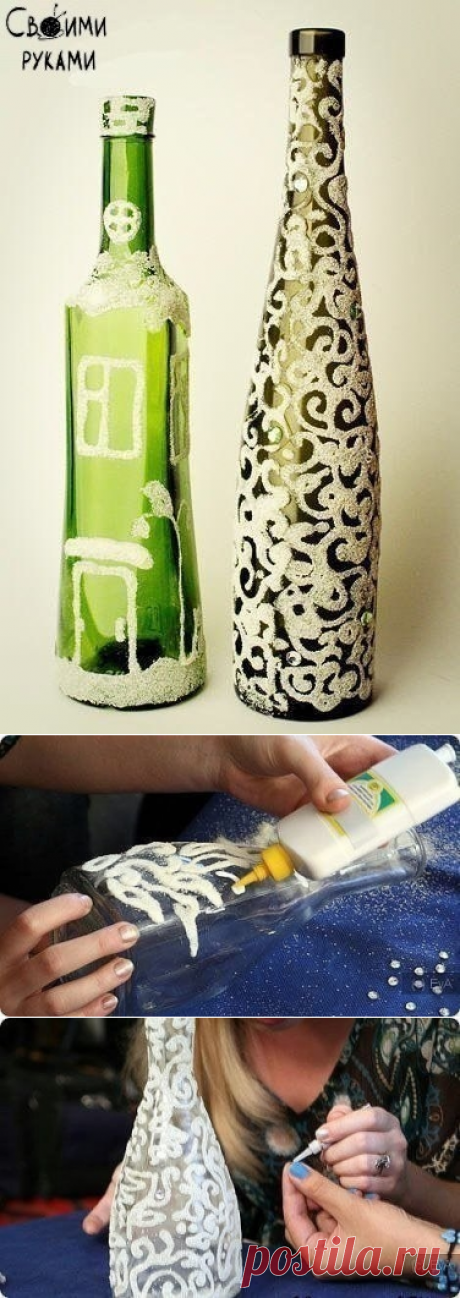Декорируем бутылки манной крупой.