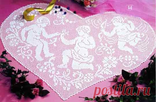 Салфетка-сердечко с ангелами. Схема вязания