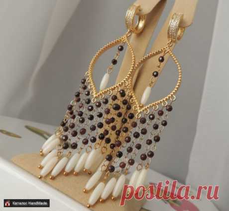 Серьги длинные c бусинами коралла и граната ручной работы купить в Минске и Беларуси, цены на HandMade