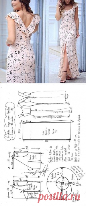 Vestido longo com fenda e babado no decote | DIY - molde, corte e costura - Marlene Mukai