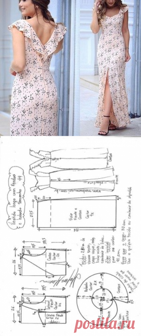 Vestido longo com fenda e babado no decote | DIY - molde, corte e costura - Marlene Mukai